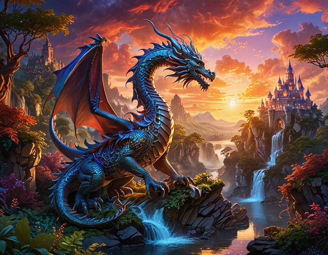 A majestic dragon curled around a shimmering castle, casting intricate shadows on the fantasy landscape below. The dragon's scales glimmer in iridescent colors, reflecting the vibrant hues of the sunset. Surrounding the scene are lush forests and mystical waterfalls, creating a serene atmosphere. Ethereal clouds drift above, adding to the enchantment of the fabled realm. fantasy art. vibrant colors. 3D.
