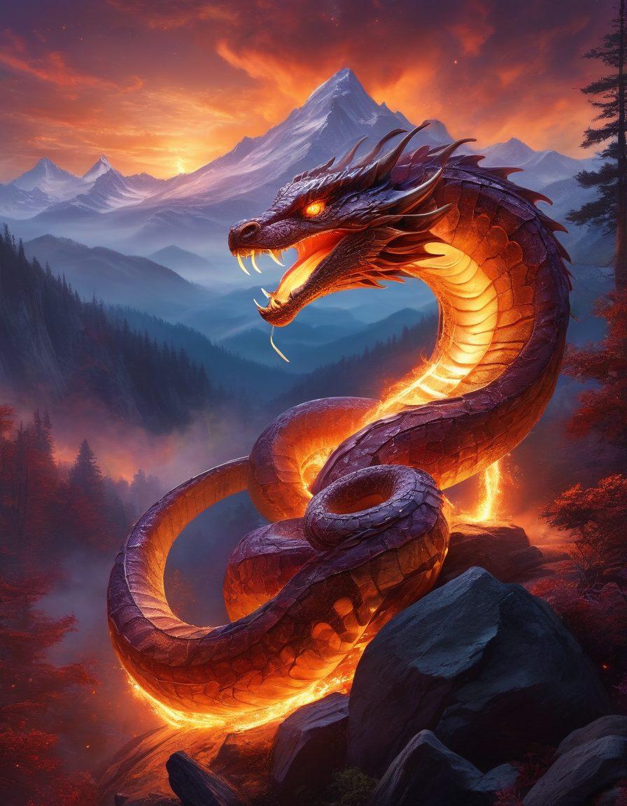 A majestic fire-breathing serpent coiling around a mystical mountain under a starry sky, with flames illuminating the intricate scales and eyes of the creature. Surround the serpent with swirling smoke and glowing embers, suggesting motion and mystery. The atmosphere should evoke a sense of enchantment and wonder, with rich colors of deep reds, oranges, and purples. set against a fantastical landscape filled with enchanted forests and distant castles. vibrant colors. super-realistic. fantasy art.