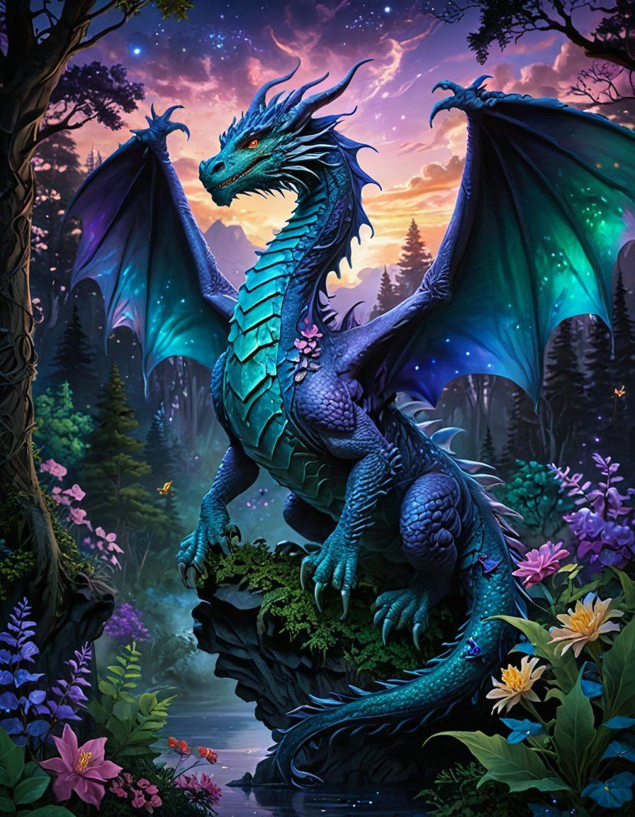A majestic dragon soaring through a twilight sky, its scales shimmering in iridescent colors, surrounded by whimsical clouds and sparkling stars. Below, a lush, enchanted forest teems with vibrant flora and mythical creatures peeking through the foliage. The scene is illuminated by a soft, ethereal glow, creating a sense of magic and wonder. fantasy art style. super-realistic. vibrant colors.